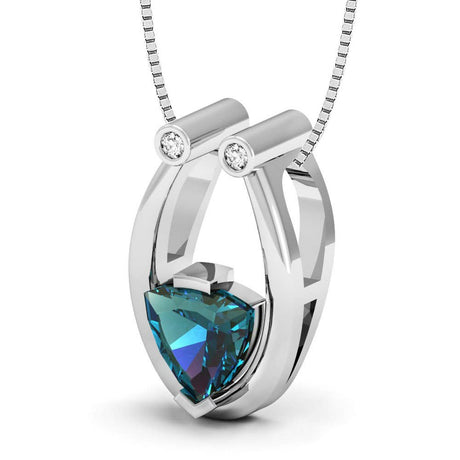 A silver necklace featuring a Color Changing Alexandrite pendant set in the center, accented by two small round white stones at the top.