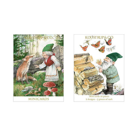 Koustrupco's Card Pack: Forest Elves "Gnomes" includes 10 blank mini cards & envelopes, featuring two forest scenes—one with a girl and fox, the other with a gnome and butterflies. Perfect for greetings or small notes.
