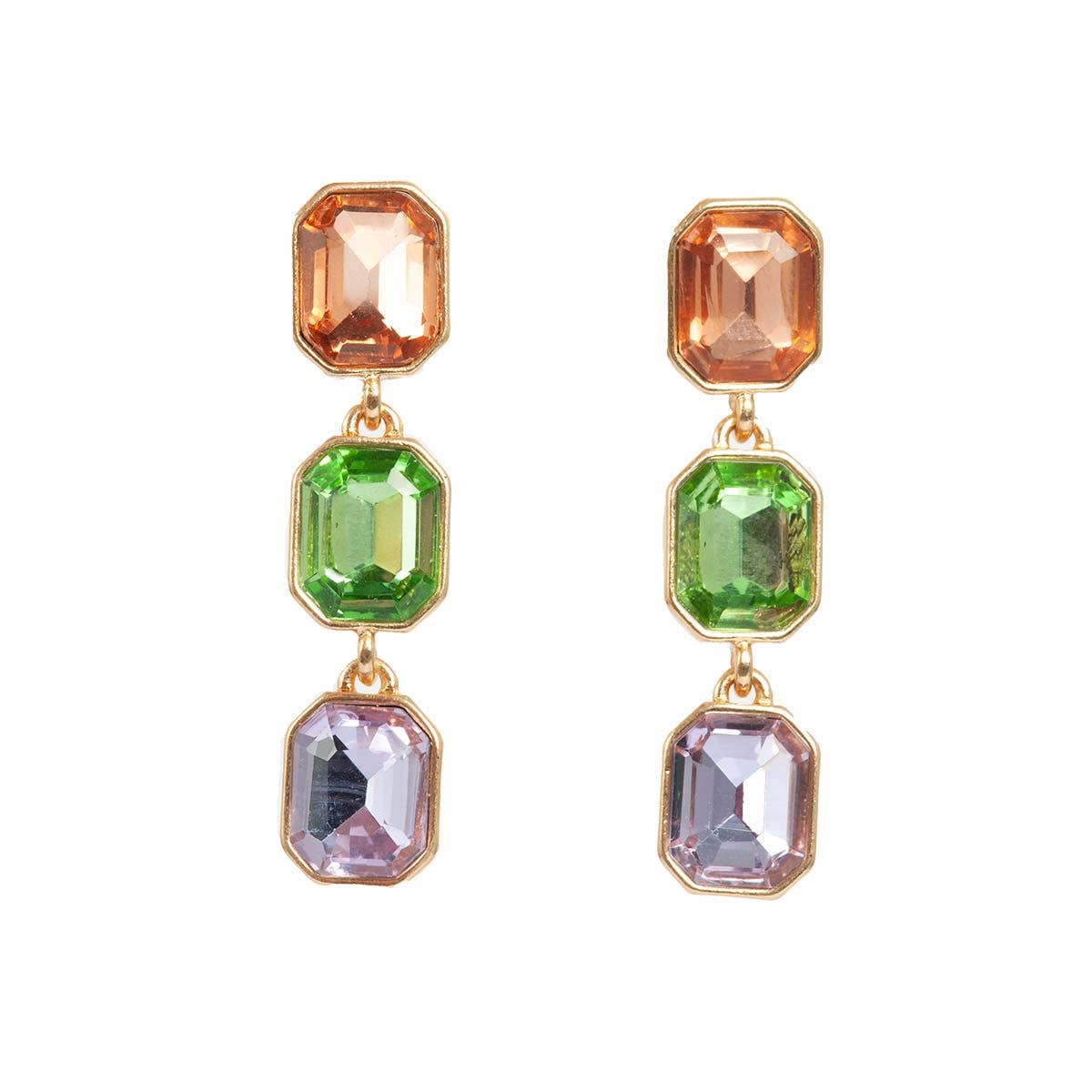 Multi-Colored Crystal Dangle Earrings with gold frames featuring emerald cut glass gemstones in vibrant orange, green, and purple.