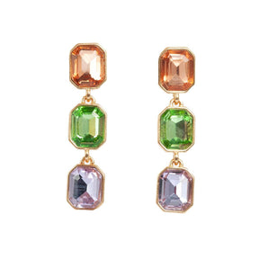 Multi-Colored Crystal Dangle Earrings with gold frames featuring emerald cut glass gemstones in vibrant orange, green, and purple.