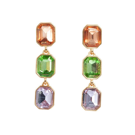 Multi-Colored Crystal Dangle Earrings with gold frames featuring emerald cut glass gemstones in vibrant orange, green, and purple.