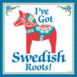 The 6x6 square tile wall plaque features a red Swedish Dala Horse with folk art patterns and the text Ive Got Swedish Roots! on a white background—perfect as a unique Swedish gift.
