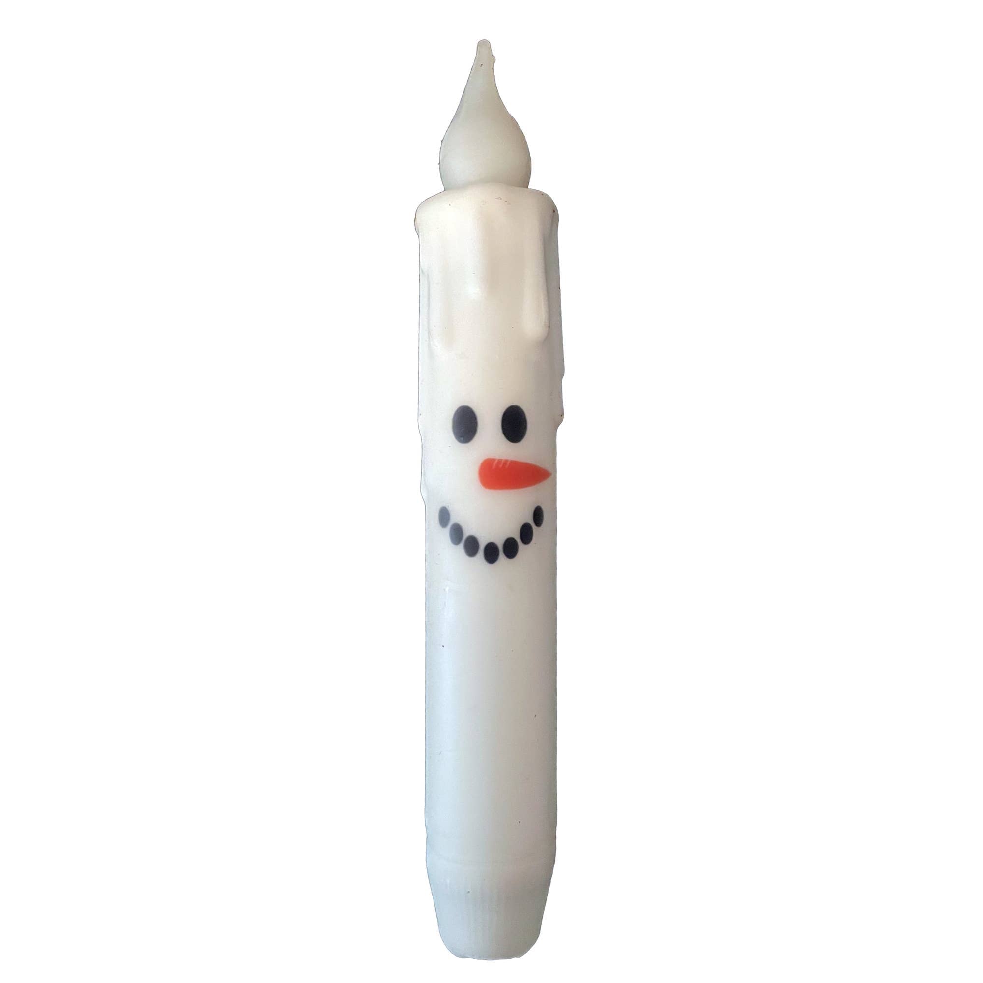 A Christmas LED candle with a snowman face design from the "Snowman Face Christmas Battery Operated Timer Taper Candles" collection, showcasing black eyes, a carrot-shaped nose, and a dotted smile in white.