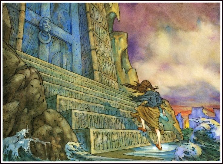 A girl runs toward a carved stone door by the sea with waves crashing nearby, set against a sunset background inspired by Norwegian fairy tales.