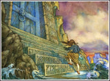 A girl runs toward a carved stone door by the sea with waves crashing nearby, set against a sunset background inspired by Norwegian fairy tales.