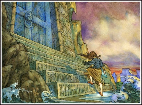A girl runs toward a carved stone door by the sea with waves crashing nearby, set against a sunset background inspired by Norwegian fairy tales.