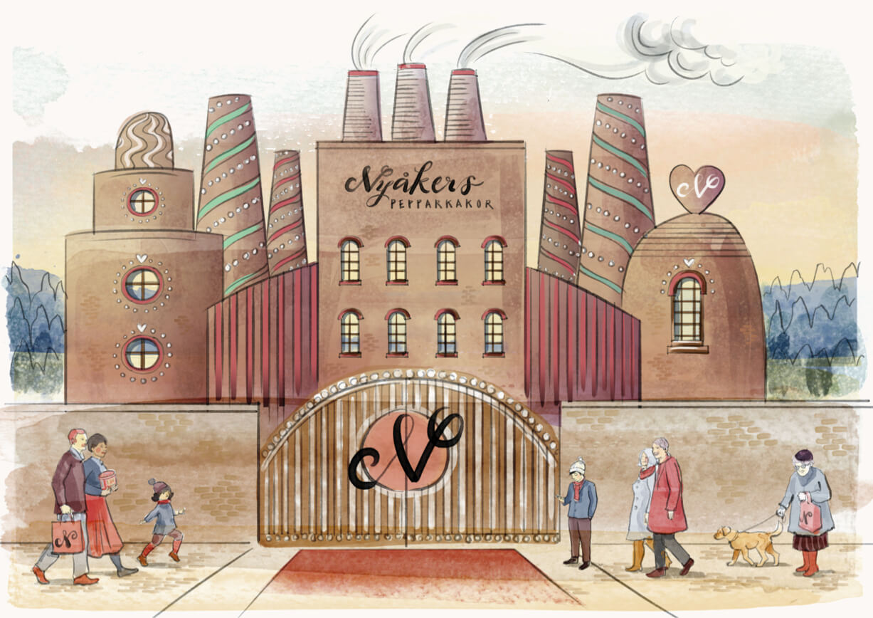 An illustration of a whimsical gingerbread factory with smoking chimneys, where the air is filled with the aroma of Nyakers Pepparkakor cookies from a 300g tub. People stroll by, admiring the classic round gingerbread designs adorning the gate marked CV in front.