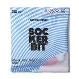 A 2.8oz Sockerbit bag of Foamy Lips & Skulls Swedish Candy with blue and white stripes, a Swedish flag, and pink and white foamy candies visible inside. Made with a traditional recipe.