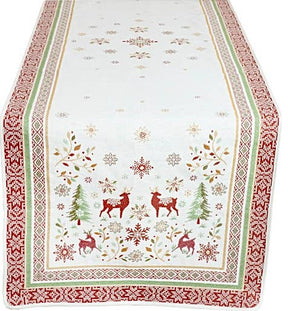 The Reindeer, Holly, & Snowflake Holiday Table Runner is a 20 x 60 woven European-style jacquard runner featuring festive reindeer and snowflake patterns for a charming Christmas or winter look.