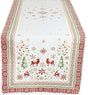The Reindeer, Holly, & Snowflake Holiday Table Runner is a 20 x 60 woven European-style jacquard runner featuring festive reindeer and snowflake patterns for a charming Christmas or winter look.