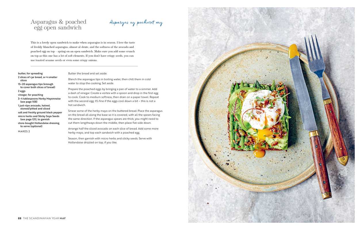 Inspired by the book "Scandinavian Year" by Bronte Aurell, this open-faced sandwich with asparagus, poached egg, herbs, and seeds offers a fresh taste of Nordic cuisine—served on a speckled plate with fork and knife to the right.