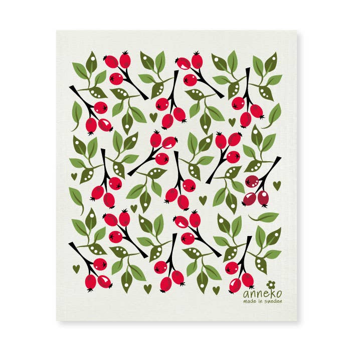 Illustration of red berries and green leaves on branches in a repeating Rose Hip pattern. "anneko made in Sweden" appears at the bottom right. Perfect eco-friendly Swedish dishcloth: Rose Hip Design by Anneko Design in Sweden.