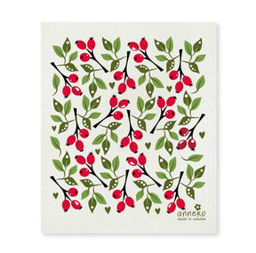 Illustration of red berries and green leaves on branches in a repeating Rose Hip pattern. "anneko made in Sweden" appears at the bottom right. Perfect eco-friendly Swedish dishcloth: Rose Hip Design by Anneko Design in Sweden.