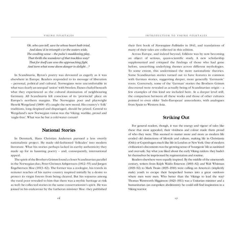Two pages from "Book: Viking and Nordic Folktales" (General Editor Jake Jackson) explore Viking folktales, Scandinavian storytelling, National stories, and Striking Out, with quotes and analysis of literary trends.