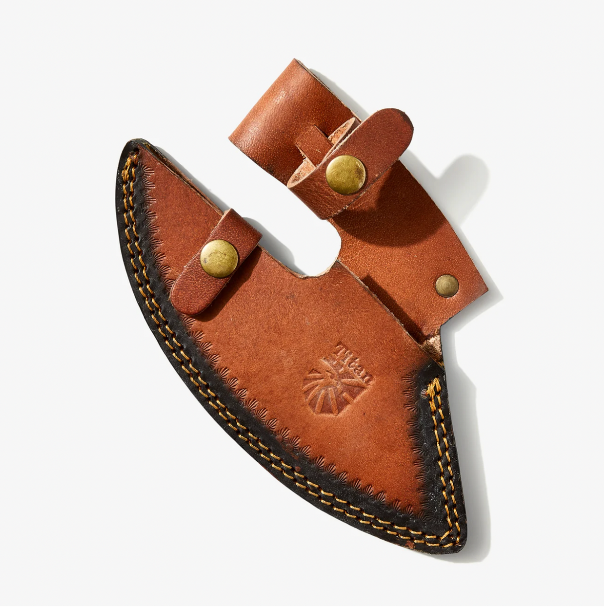 Brown leather sheath with brass snap closures and black-stitched edging, designed to securely hold your Alaskan Ulu Style Blade Damascus Steel Knife with Diamond Wood Handle in red and black, shown on a white background.