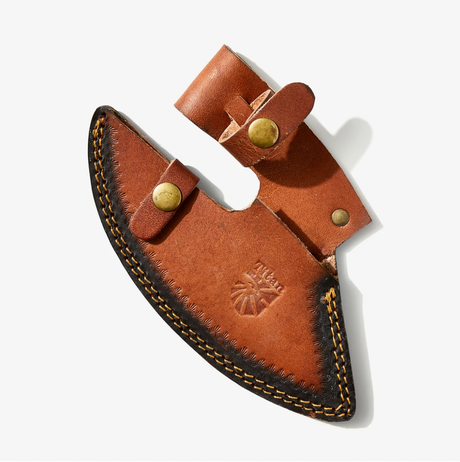 Brown leather sheath with brass snap closures and black-stitched edging, designed to securely hold your Alaskan Ulu Style Blade Damascus Steel Knife with Diamond Wood Handle in red and black, shown on a white background.