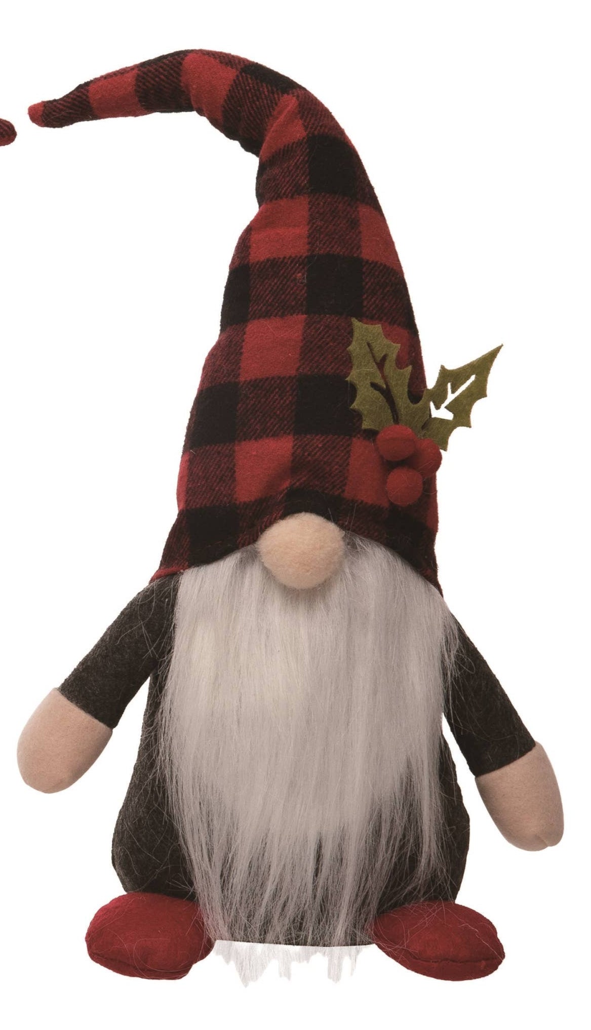 The Gnome: Christmas Plush Plaid Sitting Gnome Set 2 features two festive plush gnomes with long white beards, plaid holly hats, and gray and black felt bodies—perfect for holiday home décor.