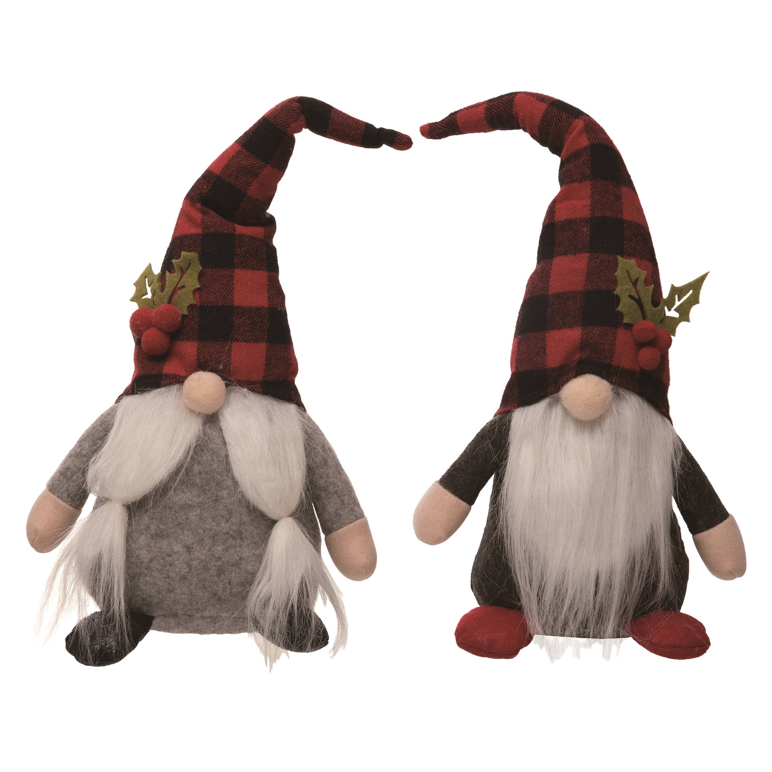 The Gnome: Christmas Plush Plaid Sitting Gnome Set 2 features two festive plush gnomes with long white beards, plaid holly hats, and gray and black felt bodies—perfect for holiday home décor.