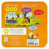 Back cover of Book: Peak a Flap God 12 Chunky Flaps, featuring colorful illustrations, book details, and interactive chunky flaps that engage little ones while teaching about faith and God’s love.