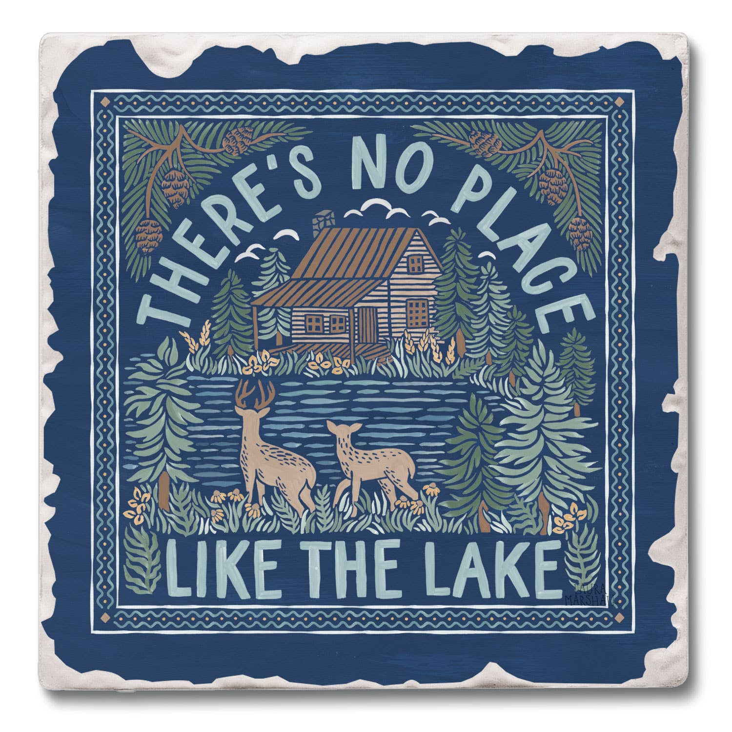 A Lake Place absorber stone coaster depicting a rustic lake scene with a cabin, trees, deer, and ducks; framed by Theres No Place Like The Lake on a tumbled tile with cork backing.