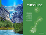 A glacier cascades down a rocky mountain toward a vibrant green valley and river, next to a green page showcasing the Book: Lonely Planet Norway Northern Lights Safari Far North Hiking & Skiing Oslo Walking Tours Travel Guide Paperback from Hachette Book Group, featuring highlights like the majestic Lofoten Islands, regional maps, and detailed chapter descriptions.
