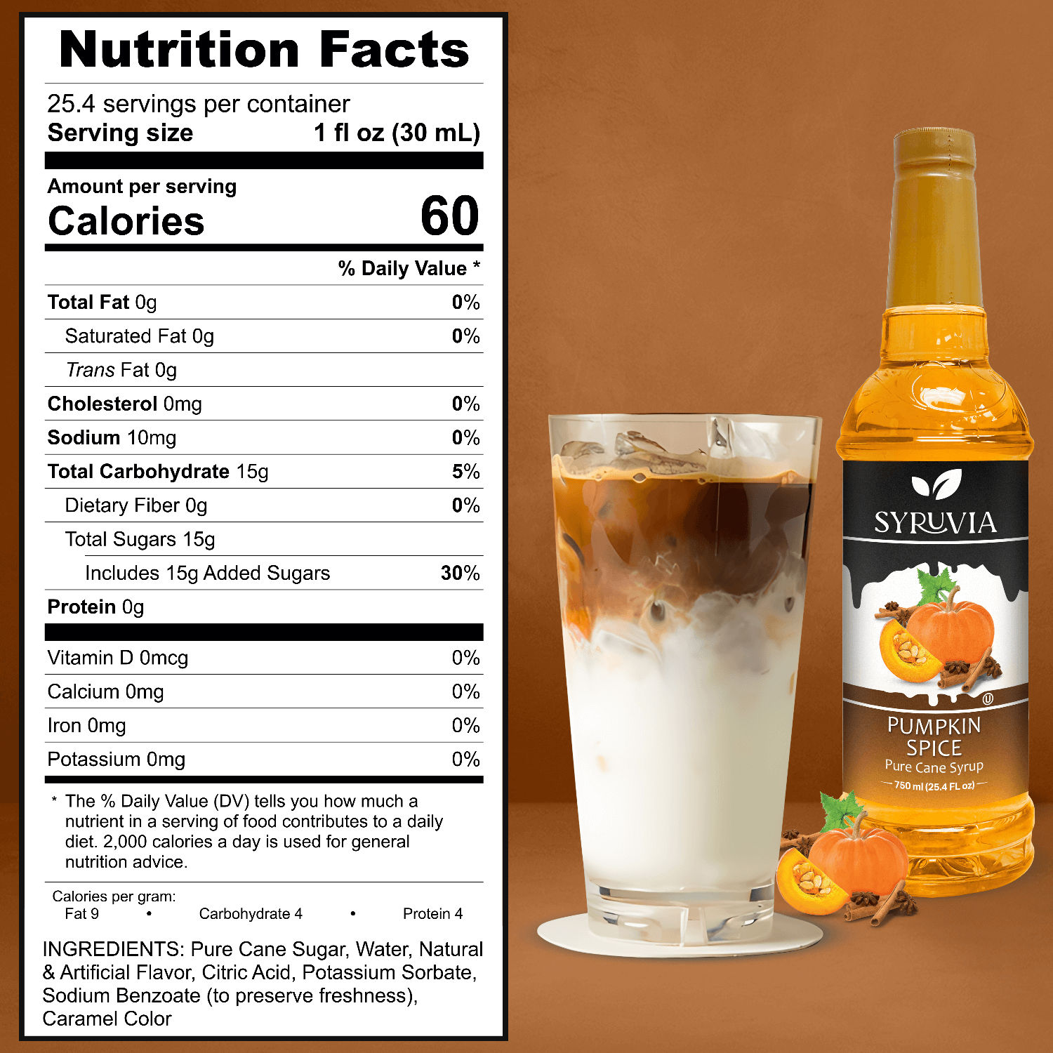 A bottle of Syurvia Pumpkin Spice Coffee Syrup, made with pure cane sugar, stands beside a glass of iced coffee with milk; on the left, nutrition facts and ingredients are displayed.
