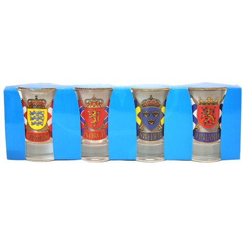 The "Shot Glass: Nordic 4 Pack" includes four premium glass shot glasses, each decorated with vibrant crests of Denmark, Norway, Sweden, and Finland, all displayed in an enchanting blue holder that captures the essence of Nordic charm.