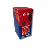 Several red-wrapped fruit chocolate bars stand upright in a blue display box, shown against a plain white background.