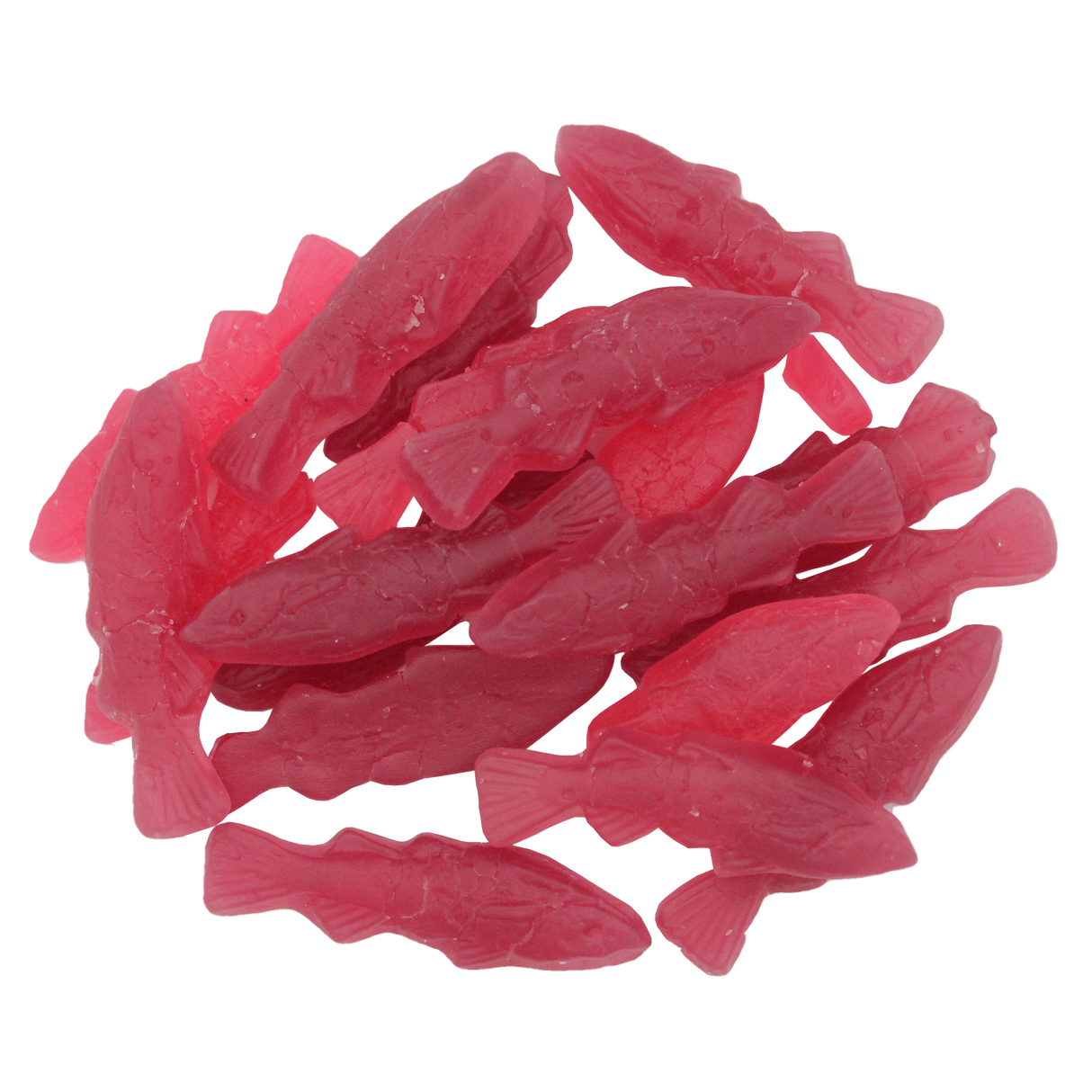 A pile of Kolsvarts vibrant red, fish-shaped candies, flavored with blackcurrant and raspberry, rests invitingly on a pristine white surface.