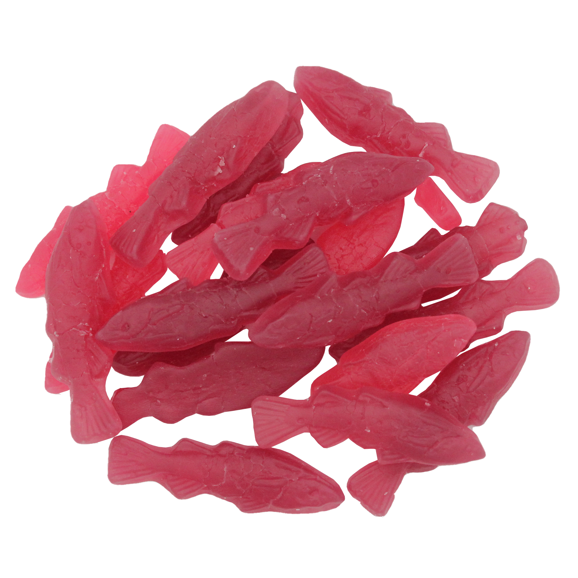 A pile of Swedish Fish, gummy candies in blackcurrant and raspberry flavors, is displayed against a white background.