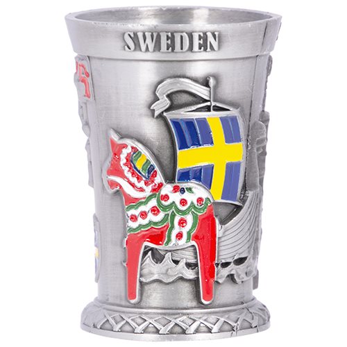 Silver metal shot glass adorned with the Swedish flag and a vivid red Dala horse, an iconic symbol of Swedish culture, along with "Sweden" elegantly engraved at the top.