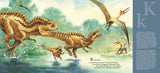 In D is for Dinosaur: A Prehistoric Alphabet by Todd Chapman & Lita Judge, illustrations of four feathered Tyrannosaurus rex dinosaurs sprinting through water amidst flying pterosaurs vividly bring prehistoric life to your fingertips, with informative text and a poem on the right.