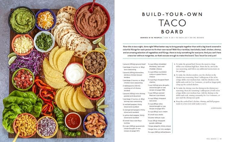 In the book "Beautiful Boards: 50 Amazing Snack Boards for Any Occasion," Maegan Brown showcases a visually captivating taco board brimming with tortillas, meats, vegetables, cheese, and dips. Alongside this enticing snack display, the book provides a detailed recipe text to guide you through creating your ideal taco masterpiece.