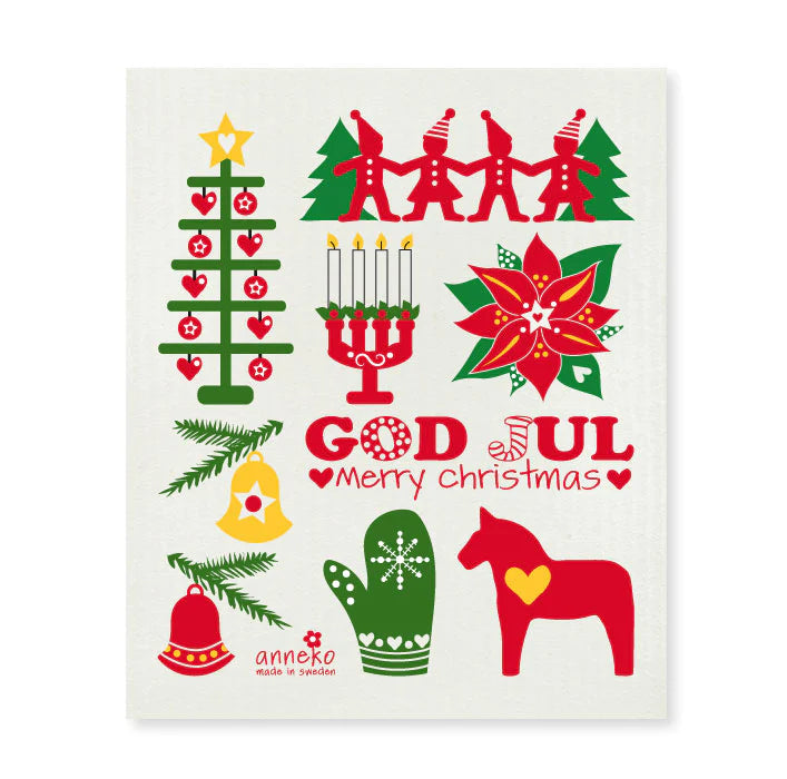 The Dish Cloth: God Jul Merry Christmas showcases festive illustrations of a Christmas tree, candles, poinsettia, dancing figures, a mitten, a bell, and a horse. Featuring the greetings "God Jul" and "Merry Christmas," these Swedish dish cloths are super absorbent and biodegradable, adding a sustainable touch to your holiday celebrations.