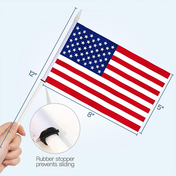 A hand holds the USA United States Mini Flag (5x8)—a handheld American flag on a 12 stick with fade-resistant colors and a rubber stopper to prevent sliding, ideal for patriotic events.