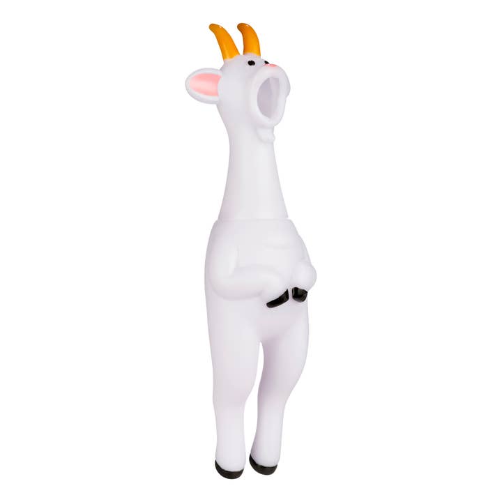 The Screamin Goat - Rubber Goat is a white rubber toy with yellow horns and an open mouth, standing upright on two legs against a plain white background—ideal for prank lovers or novelty collectors.