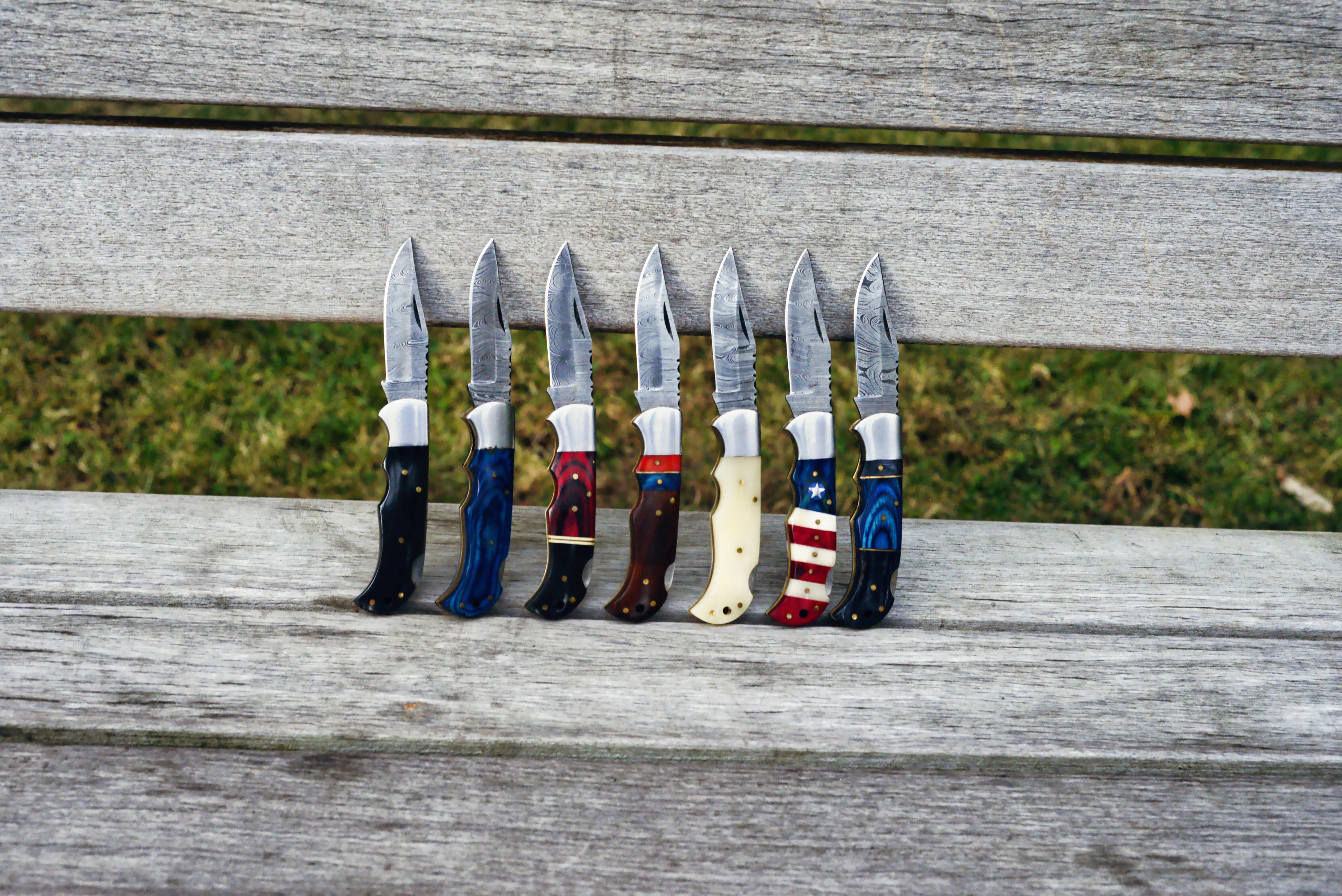 Knife: Red/Blue Genuine Damascus Folding Knife Pocketknife Color is Red & Blue
