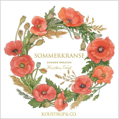 The Square Card Folder by Koustrup & Co, featuring Sommerkranse and Summer Wreaths, is adorned with vibrant red poppies, lush green leaves, and elegant dried grasses.