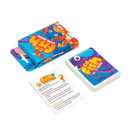 Game: Go Fish Card Game comes in a colorful box with an instruction card and a stack of illustrated playing cards, offering underwater fun for the entire family. All components are displayed on a crisp white surface.