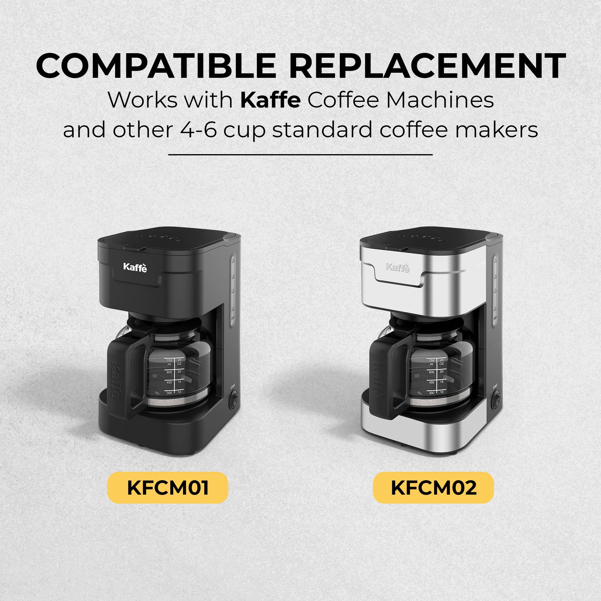 The Kaffe Universal Replacement Coffee Carafe is a 5-cup durable glass pot compatible with standard 4–6 cup or 5-cup coffee makers, including models KFCM01 (black) and KFCM02 (silver).