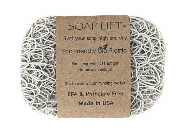 The Soap Lift: The Original Soap Lift Soap Saver - Mist is a rectangular soap saver made from eco-friendly bioplastic featuring a curly design. It extends the life of your soap without leaving messy residue. This BPA and phthalate-free soap lift is proudly manufactured in the USA.