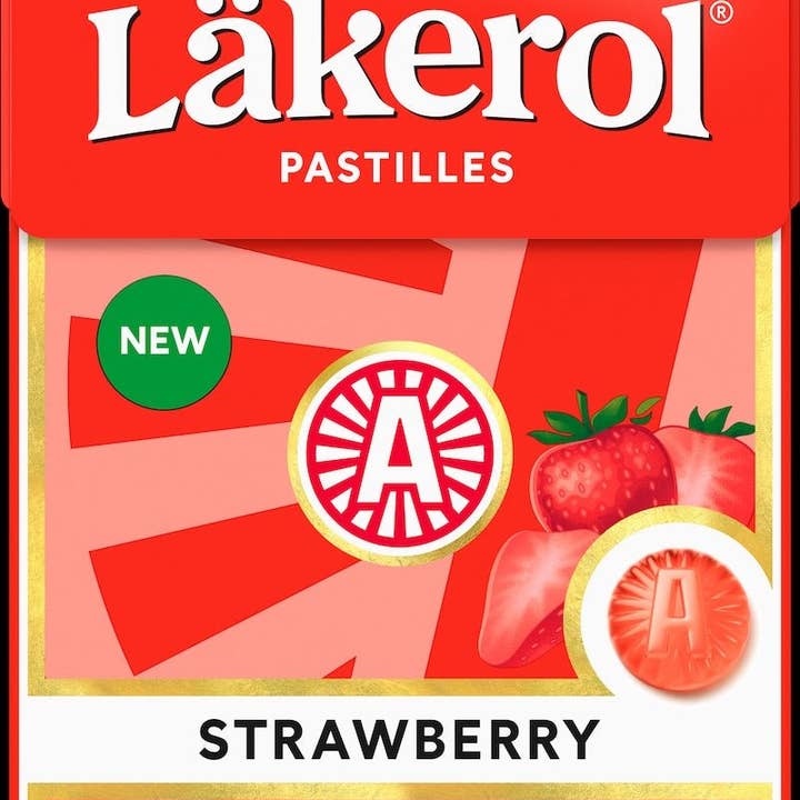 Introducing the new box of Candy: Lakerol Pastilles Strawberry, prominently marked as NEW in vibrant green. The packaging showcases the tantalizing strawberry flavor alongside the candies, offering a sugar-free lozenge experience that doesn't compromise on taste.