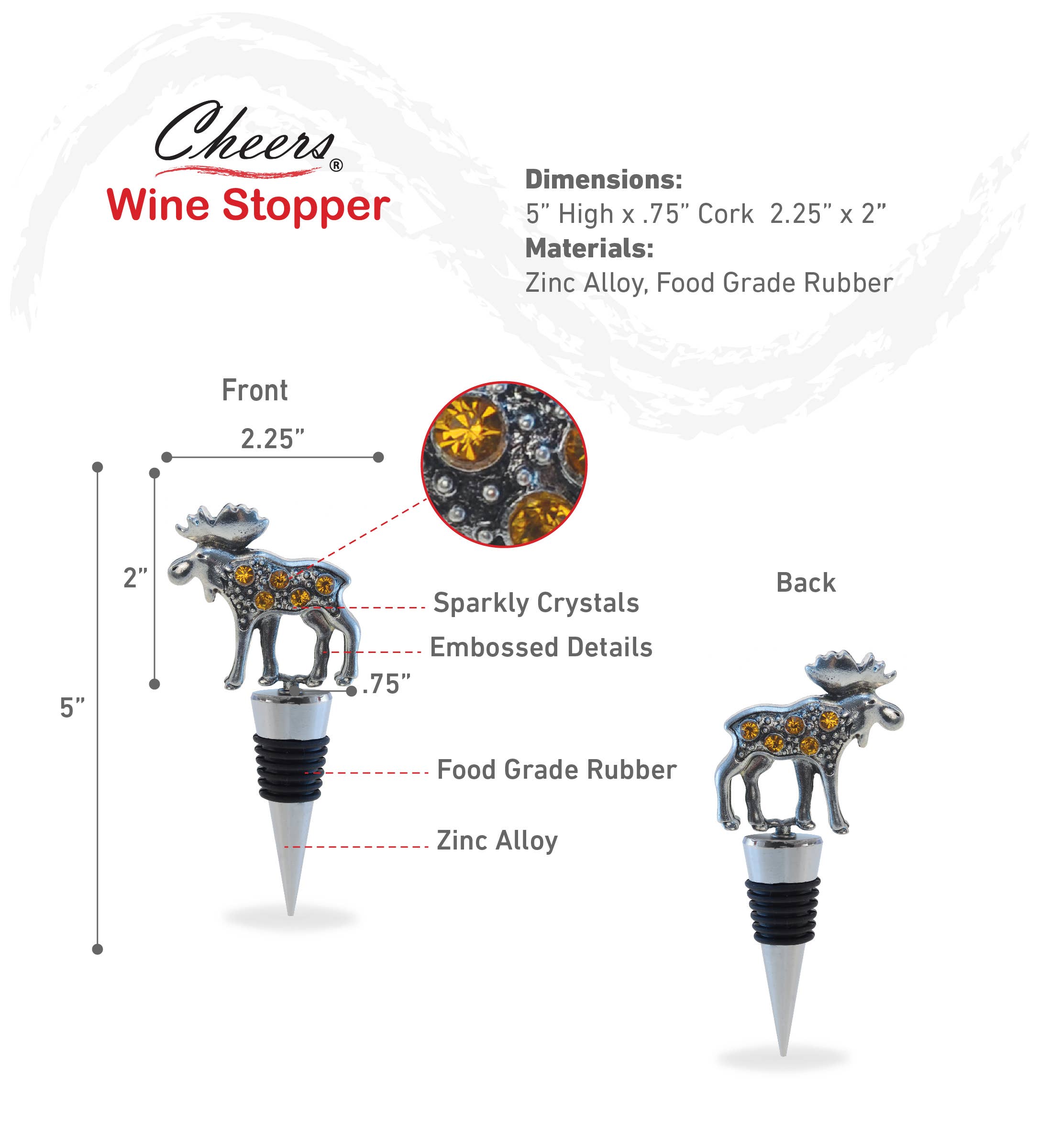 Wine Stopper: Metal Moose Wine Stopper features a charming moose design with sparkly crystals, embossed zinc alloy, and food-grade rubber. Size: 5 x 2.25 x 0.75 inches—an elegant addition to any collection.