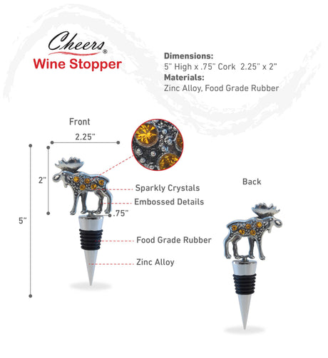 Wine Stopper: Metal Moose Wine Stopper features a charming moose design with sparkly crystals, embossed zinc alloy, and food-grade rubber. Size: 5 x 2.25 x 0.75 inches—an elegant addition to any collection.