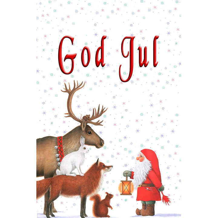 Santa is depicted holding a lantern, accompanied by a reindeer, fox, hare, and squirrel as snowflakes gently fall across the scene. Above them, "God Jul" is elegantly inscribed. This note card captures the essence of Swedish Christmas traditions with Eva Melhuish's distinctive style.