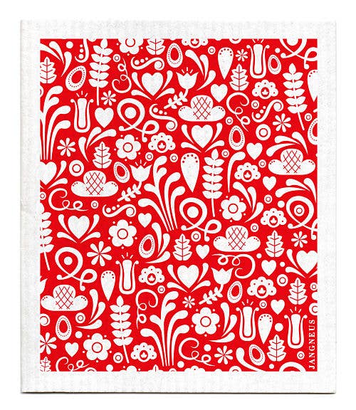 The Swedish Dishcloth: Dala Red Patterned Dish Cloth features a vibrant red and white design with flowers, leaves, hearts, and shapes—perfect for adding Scandinavian style to your kitchen cleaning routine.