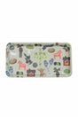 Rectangular bamboo tray with a light green background featuring Swedish motifs including Dala horses, red cottages, maypoles, cinnamon buns, moose, and mittens.