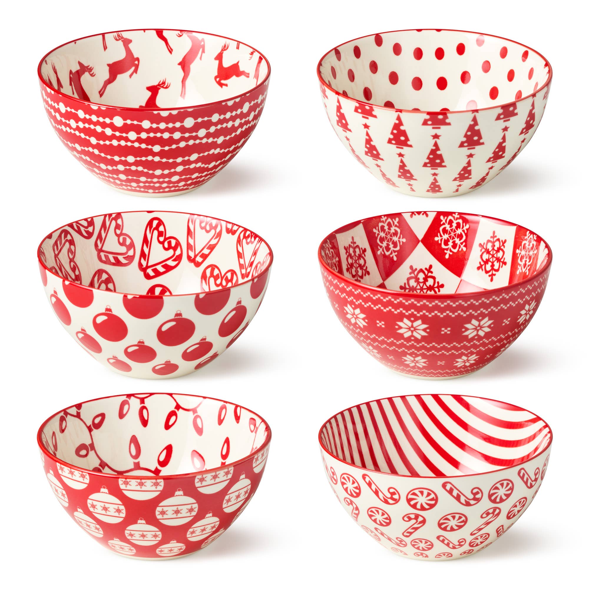 The Bowl: Peppermint Candy Christmas All Purpose Bowl 4.75x2.25 features festive red and white patterns—reindeer, trees, ornaments, hearts, snowflakes, stripes, polka dots & candy canes—perfect for any holiday porcelain bowl collection.