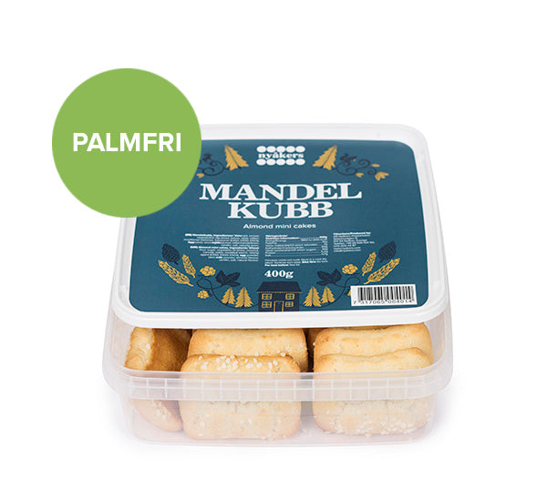 A 400g package of Almond Mini Cakes, labeled Mandel Kubb, reflects the charm of Swedish baked goods while proudly offering a palm-free promise.