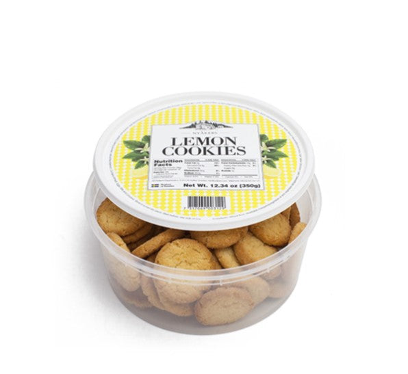 Nyakers Lemon Cookies in a 12.34oz tub, featuring delicious Swedish FIKA lemon flavor and a labeled lid displaying all nutritional information.